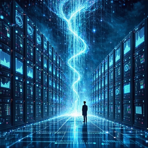 The image depicts a vast digital landscape composed of swirling binary code cascading down like waterfalls representing the immense scale of data in a petabyte In the foreground a towering stack of hard drives each labeled with increasing capacities